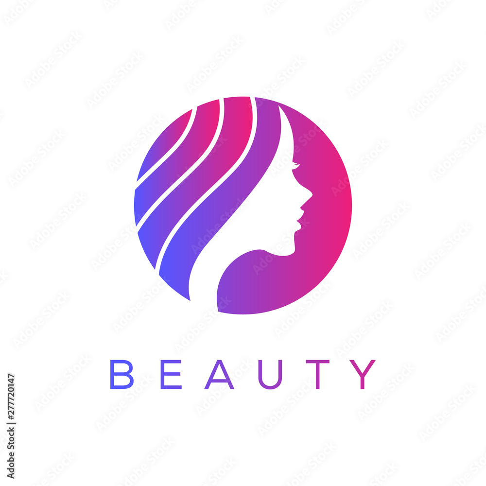 Beauty woman face with long hair logo design template.