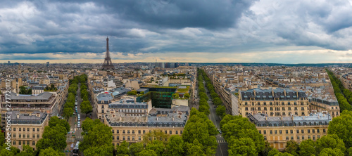 Great aerial panorama picture of the Paris cityscape with the famous and iconic Eiffel Tower including Avenue d I  na  Avenue Kl  ber and Avenue Victor-Hugo on a cloudy day.