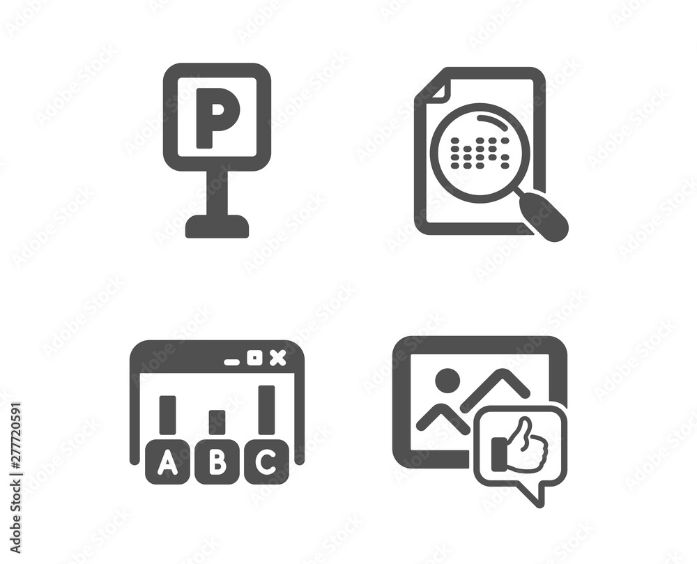 Set of Search file, Parking and Survey results icons. Like photo sign. Find document, Auto park, Best answer. Thumbs up. Classic design search file icon. Flat design. Vector Set of Search file, Parking and Survey results icons. Like photo sign. Find document, Auto park, Best answer. Thumbs up. Classic design search file icon. Flat design. Vector