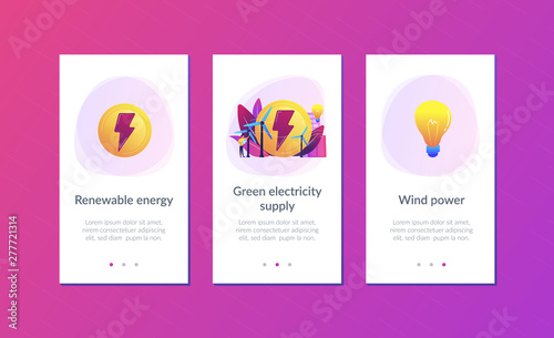 Engineer working with wind turbines producing green energy, light bulb. Wind power, renewable energy, green electricity supply concept. Mobile UI UX GUI template, app interface wireframe