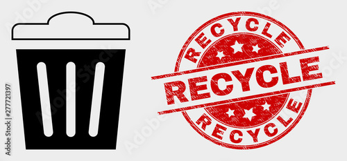 Vector trashcan pictogram and Recycle stamp. Red rounded textured stamp with Recycle caption. Vector combination for trashcan in flat style. Black isolated trashcan pictogram.