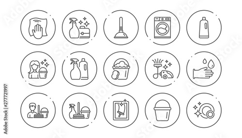 Cleaning line icons. Laundry  Window sponge and Vacuum cleaner. Washing machine linear icon set. Line buttons with icon. Editable stroke. Vector