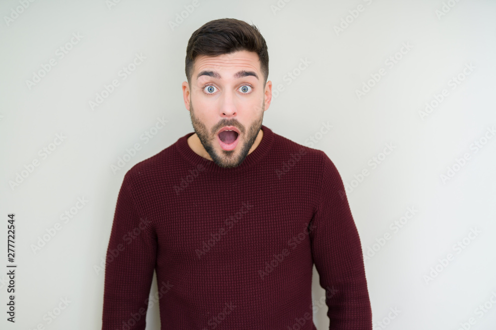 Young handsome man wearing a sweater over isolated background afraid and shocked with surprise expression, fear and excited face. Young handsome man wearing a sweater over isolated background afraid and shocked with surprise expression, fear and excited face.