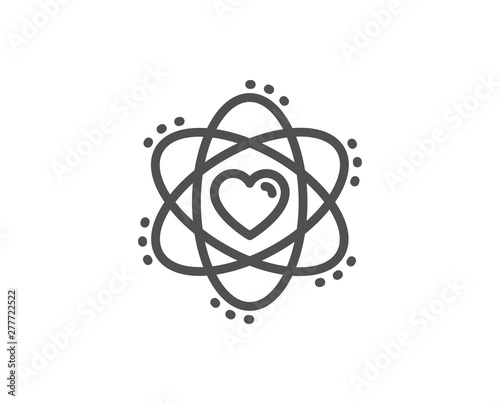 Atom with heart line icon. Energy sign. Chemical element symbol. Quality design element. Linear style atom icon. Editable stroke. Vector