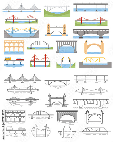 Types of bridges set. Color and linear graphic design, infographic elements