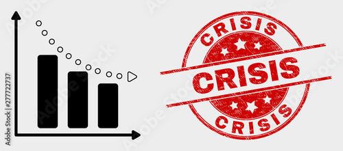 Vector recession bar chart pictogram and Crisis seal. Red round textured seal with Crisis caption. Vector composition for recession bar chart in flat style.