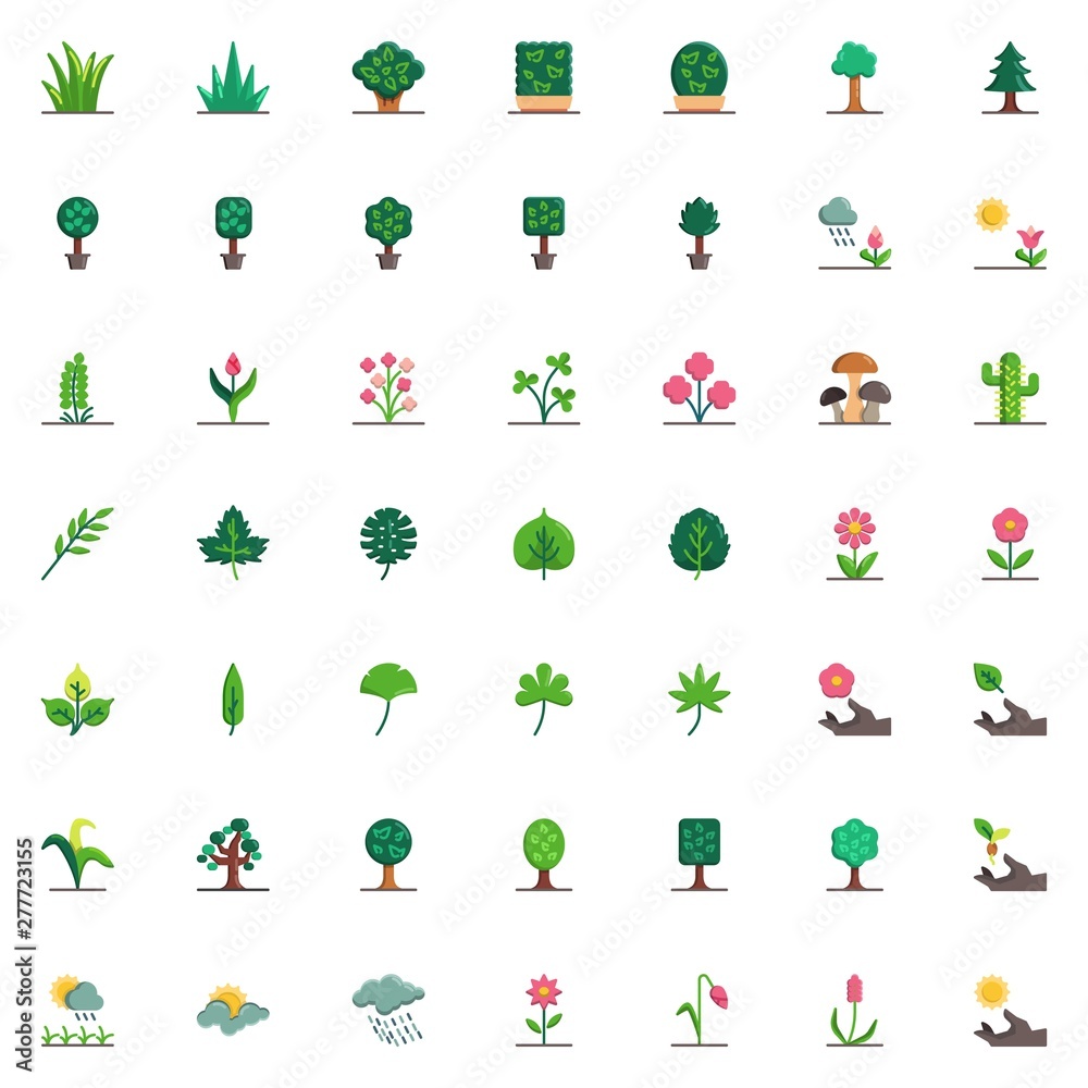 Nature plants elements collection, Leaves flat icons set, Colorful symbols pack contains - potted flowers, exotic tropical tree leaves, grass, bush, shrub. Vector illustration. Flat style design Nature plants elements collection, Leaves flat icons set, Colorful symbols pack contains - potted flowers, exotic tropical tree leaves, grass, bush, shrub. Vector illustration. Flat style design