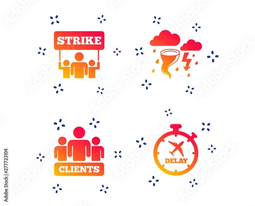 Strike icon. Storm bad weather and group of people signs. Delayed flight symbol. Random dynamic shapes. Gradient strike icon. Vector