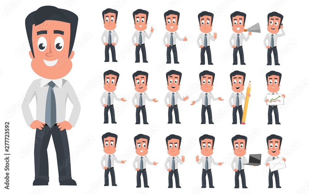 Modern business man character with different facial emotions and poses. Cartoon business character icon set isolated on white background. Vector business man in flat style. Modern business man character with different facial emotions and poses. Cartoon business character icon set isolated on white background. Vector business man in flat style.