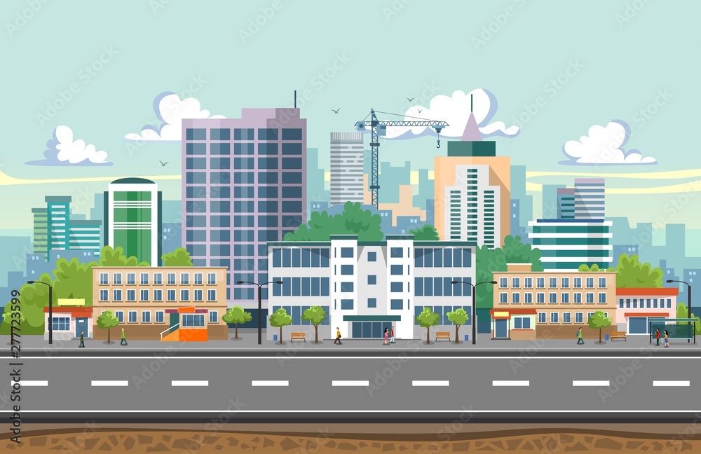 Obraz premium Seamless city landscape vector illustration. Summer city landscape in flat design. Modern city background with Skyscrapers, bus stop, road, trees and city buildings.