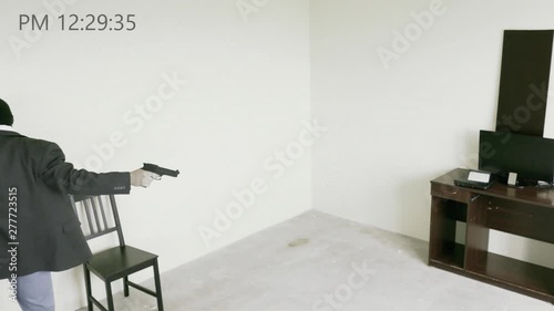 Robbery. Robber escapes with loot. Video surveillance camera simulation. 4k