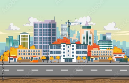 Autumn city landscape in flat design. Skyscrapers, bus stop, road, trees and city buildings. Seamless city landscape background. Vector illustration