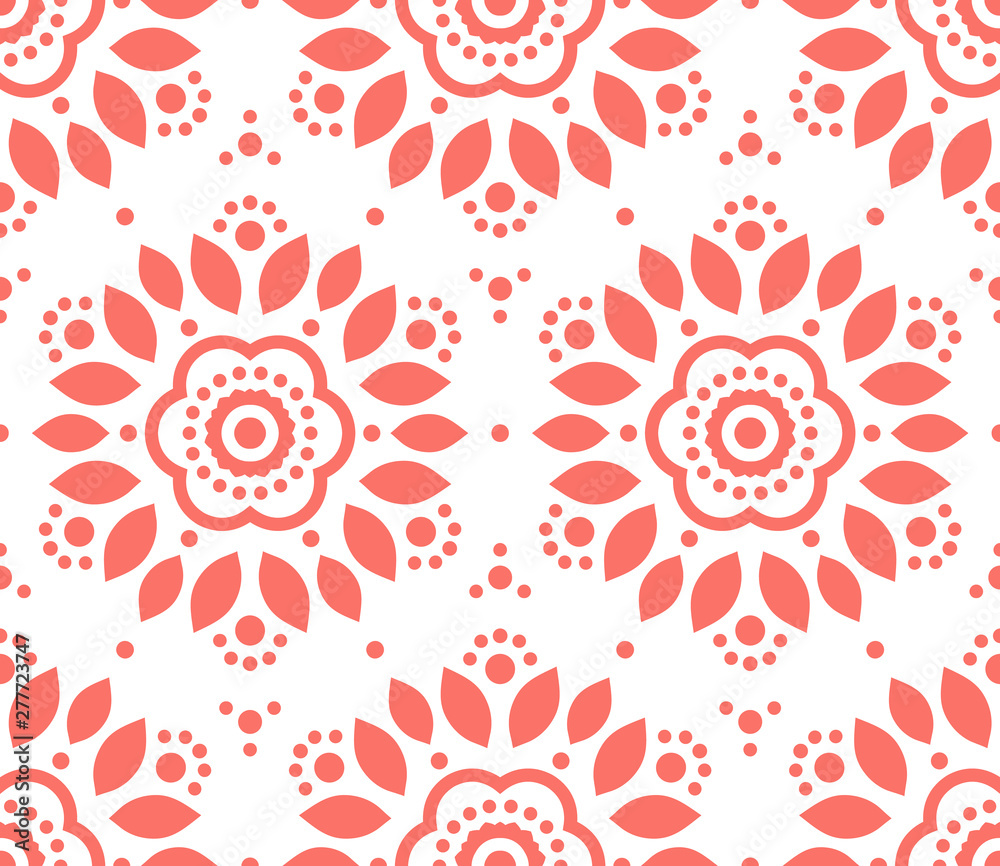 Ornamental Mandala Decoration Pattern. Endless Vector Background. Coral Color.