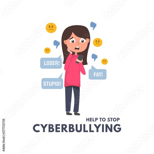 Help to stop cyberbullying concept with girl reading messages and comments in social networks. Children and adults bullying vector illustration. Cyberbullying in social networks illustration.