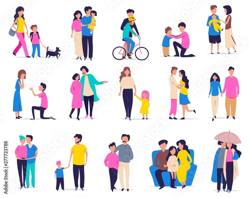Family leisure and activity. Vector illustration with couples, families with children and friends in flat cartoon style. Parents and children, walking a dog, riding a bike, hugs with friends, family.