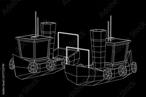 Fishing boat. Commercial fishing trawler for industrial seafood production. Vintage marine ship, sea or ocean transportation concept. Wireframe low poly mesh vector illustration