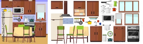 DIY kitchen builder set. Modern kitchen constructor in flat style with furniture and kitchen supplies. Wooden kitchen facade  chair  fridge  table  microwave etc. Vector kitchen builder icon set.