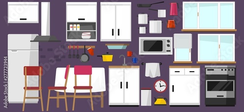 Kitchen elements collection. DIY kitchen with white facade in scandinavian style and home electronics isolated on white background. Kitchen in cartoon flat style. Vector illustration.