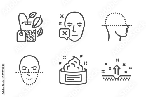 Face declined, Face scanning and Mint bag icons simple set. Skin cream, Clean skin signs. Identification error, Faces detection. Medical set. Line face declined icon. Editable stroke. Vector