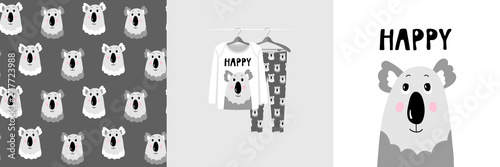 Seamless pattern and illustration for kid with koala, text Happy. Cute design on pajamas mockup. Baby background for clothes wear, room decor, t-shirt, baby shower invitation, wrapping