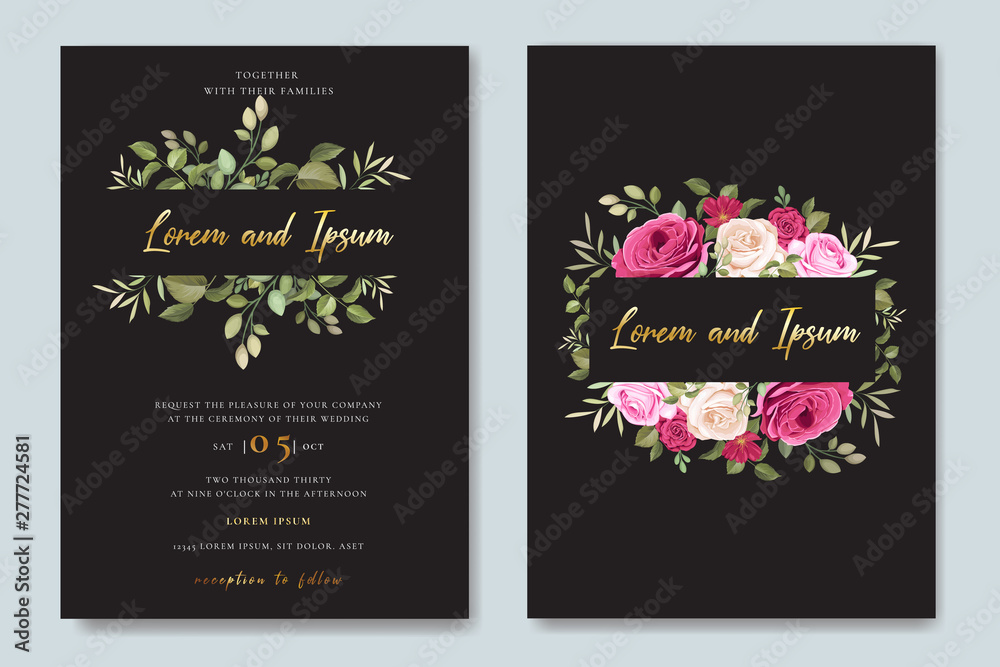 elegant wedding card invitation with floral and leaves template