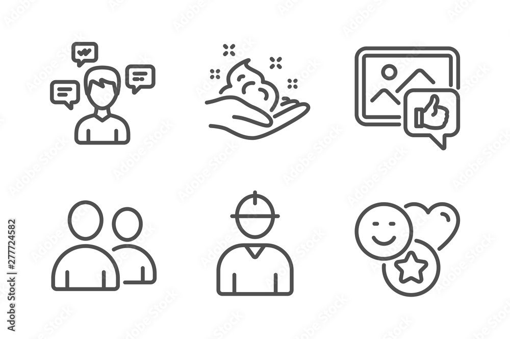 Like photo, Skin care and Conversation messages icons simple set. Users, Engineer and Smile signs. Thumbs up, Hand cream. People set. Line like photo icon. Editable stroke. Vector Like photo, Skin care and Conversation messages icons simple set. Users, Engineer and Smile signs. Thumbs up, Hand cream. People set. Line like photo icon. Editable stroke. Vector