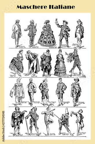 Vintage black and white table: Italian Commedia dell'Arte characters photo