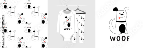 Seamless pattern and illustration for kid with dog, text Woof. Cute design pajamas on hanger. Baby background for clothes, room birthday decor, t-shirt print, wear fashion, invitation card, wrapping