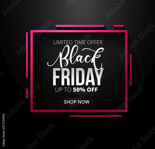 Black friday promotional banner design with geometric shapes and dark background. Black friday sale banner concept. Minimalistic and elegant vector discount template