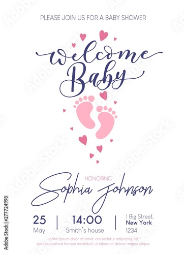 Welcome Baby cute card invitation with lettering and baby footprints. Baby shower card design. Vector illustration