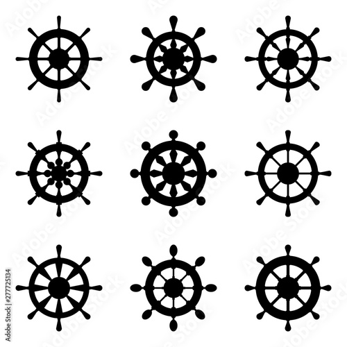 Marine helms, boat wheel control black icons set on white background. Ship steering sea label, nautical elements for travel poster, clothes, room decor, fashion t-shirt print, baby shower, wrapping