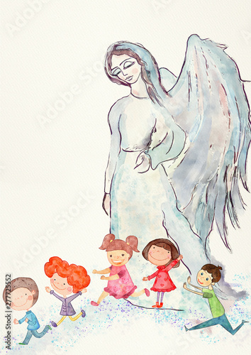 фотографія Guardian angel, with children. Watercolor