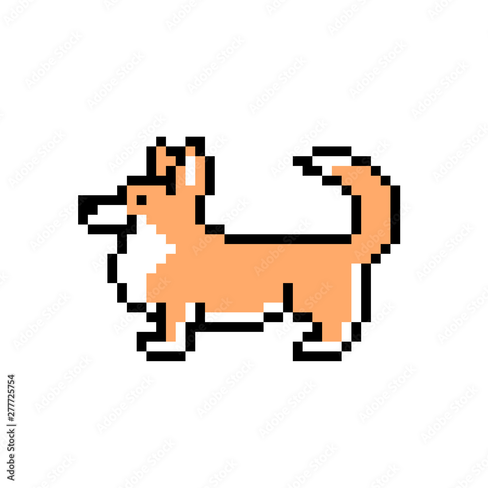 Standing side view orange corgi puppy, pixel art icon isolated on white background. Cute funny dog character. Old school 8 bit slot machine/video game graphics. Standing side view orange corgi puppy, pixel art icon isolated on white background. Cute funny dog character. Old school 8 bit slot machine/video game graphics.