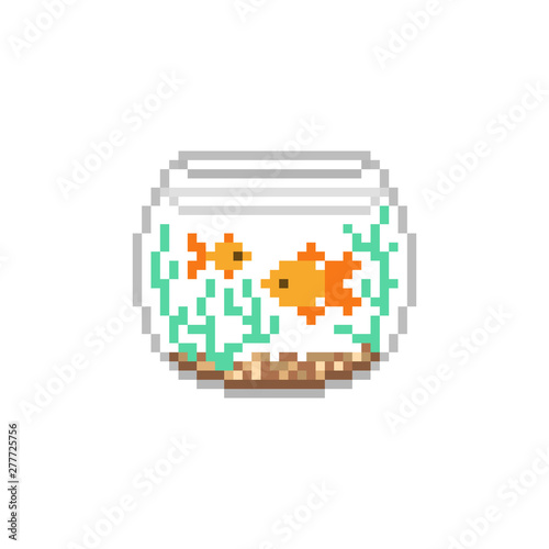 2 goldfishes in a bowl aquarium, pixel art icon isolated on white background. Pet fishes in a tank. Old school 8 bit slot machine/video game graphics.