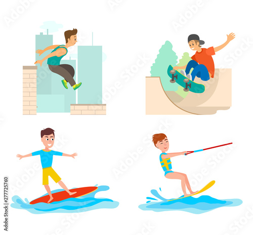 Teenagers going in for sports vector, active youth. Male jumping from roof of skyscraper, boy on surfboard, person with skateboard, skateboard set