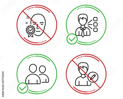 Do or Stop. Third party, Face verified and Users icons simple set. Edit person sign. Team leader, Access granted, Couple of people. Change user info. People set. Line third party do icon. Vector