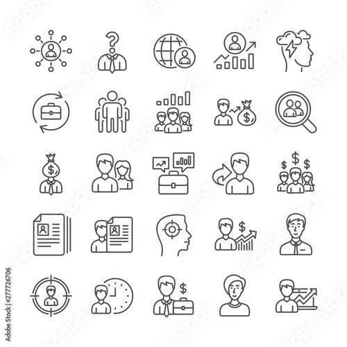 Human Resources, head hunting line icons. Job Interview, Business networking contract and Head Hunting contract icons. CV, Teamwork and Portfolio symbols. Business career, human, interview. Vector