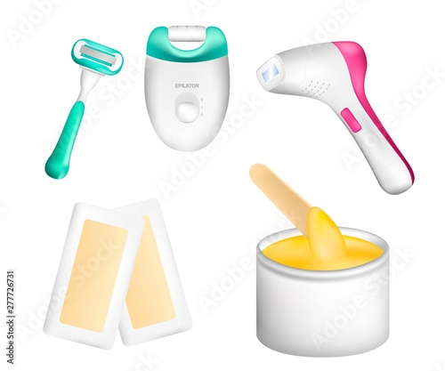 Set of elements on the topic of hair removal. Epilator, sugaring paste, shaving foam, laser epilator, wax epilation, wax, wax heating apparatus. Realistic Vector Illustration