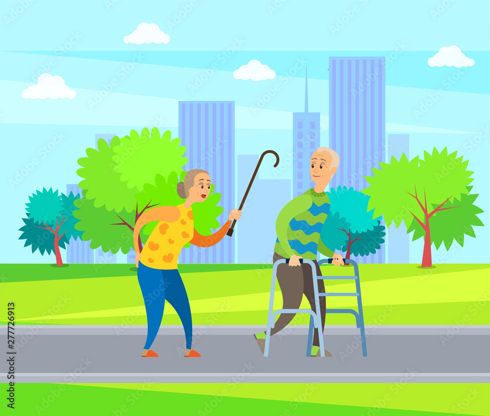 Elderly male vector, disabled man in green sweater looks back on angry old lady with wooden stick, quarrel between old people in city park with trees Elderly male vector, disabled man in green sweater looks back on angry old lady with wooden stick, quarrel between old people in city park with trees