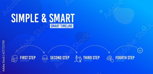 Infographic timeline. Launch project, Face recognition and Face attention icons simple set. Seo target sign. Business innovation, Faces biometrics, Exclamation mark. Click aim. People set. Vector