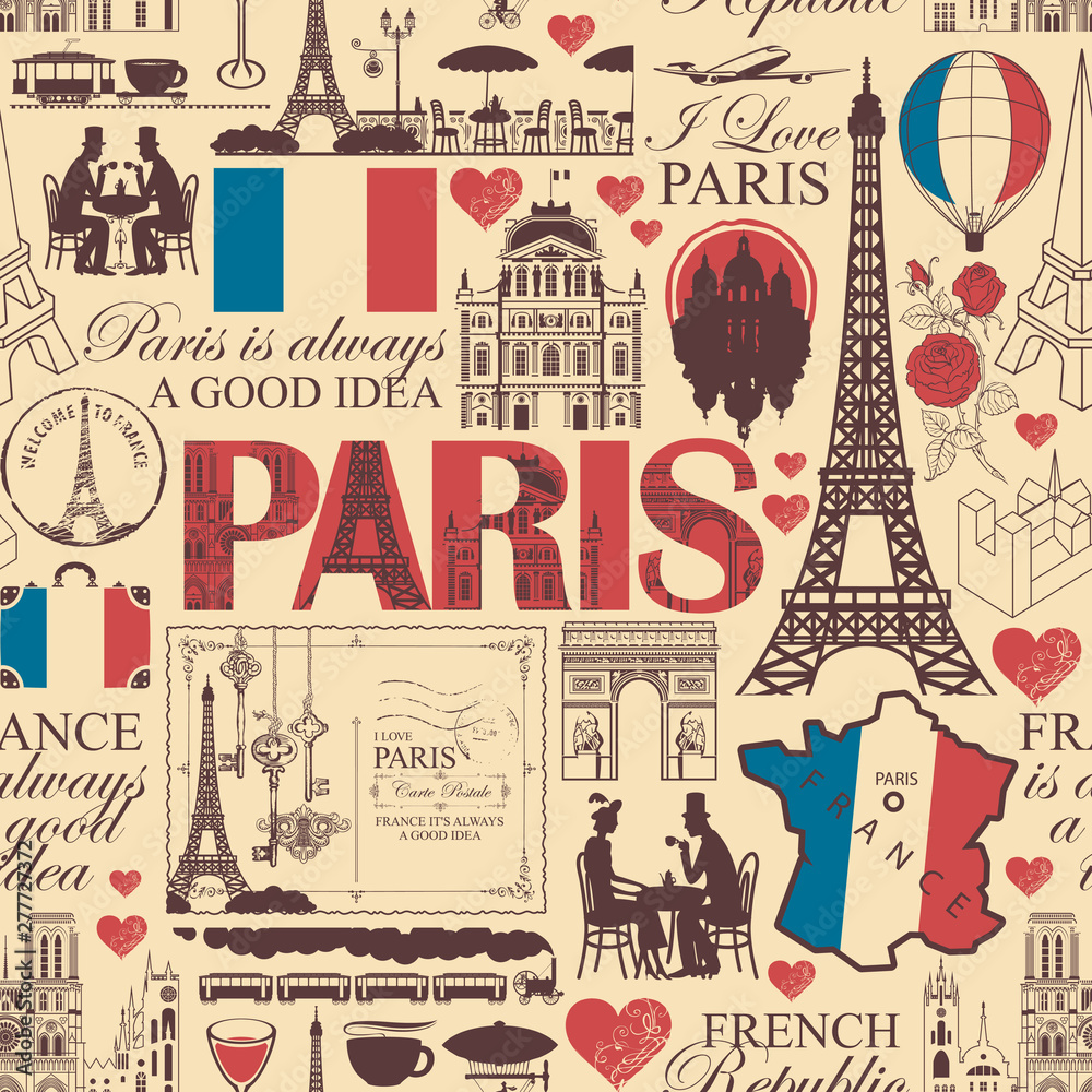 Vector seamless pattern on France and Paris theme with drawings, inscriptions, architectural landmarks, map and flag of French republic in retro style. Can be used as wallpaper, wrapping paper, fabric