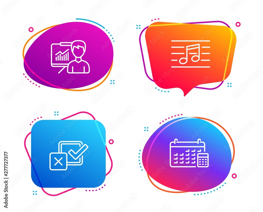 Musical note, Presentation and Checkbox icons simple set. Calendar sign. Music, Education board, Survey choice. Calculator device. Speech bubble musical note icon. Colorful banners design set. Vector Musical note, Presentation and Checkbox icons simple set. Calendar sign. Music, Education board, Survey choice. Calculator device. Speech bubble musical note icon. Colorful banners design set. Vector