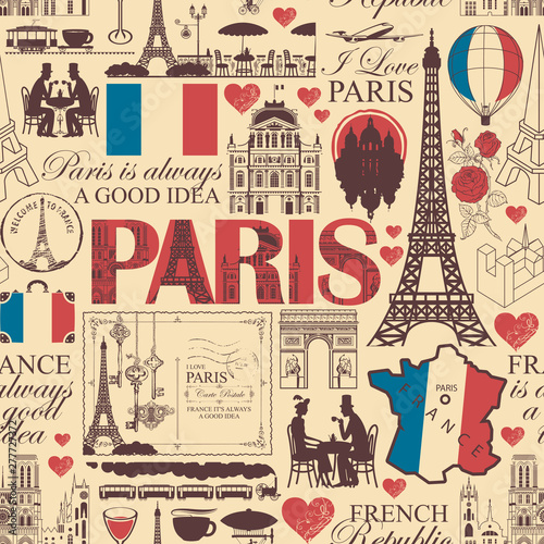 Vector seamless pattern on France and Paris theme with drawings, inscriptions, architectural landmarks, map and flag of French republic in retro style. Can be used as wallpaper, wrapping paper, fabric