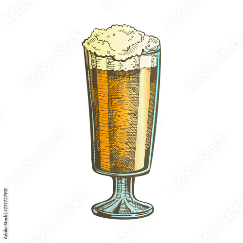 Hand Drawn Glass With Froth Bubble Beer Vector. Glass With Alcoholic Craft Frosty Light Lager Drink For Relaxation Time. Closeup Color Template Cartoon Illustration