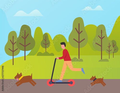 Funny man on scooter vector, transportation of male with dogs. Pets and owner having good time at forest, active guy leading cool lifestyle, weekends