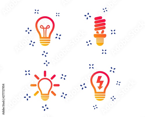 Light lamp icons. Fluorescent lamp bulb symbols. Energy saving. Idea and success sign. Random dynamic shapes. Gradient lamp icon. Vector