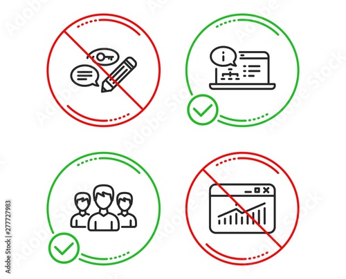 Do or Stop. Keywords, Group and Online documentation icons simple set. Website statistics sign. Pencil with key, Group of people, Web engineering. Data analysis. Line keywords do icon. Vector
