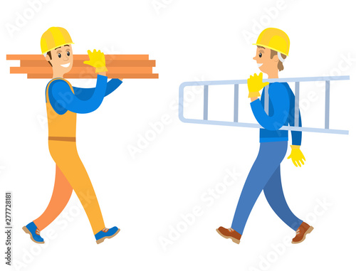 Men wearing helmet and working clothes, builder side and full length view holding logs and stairs, smiling foreman character with building equipment vector