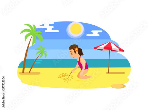 Girl sitting and drawing by stick on beach, smiling child in pink swimsuit and flower in hear, sunny weather, palm tree and parasol, summer vacation vector © robu_s