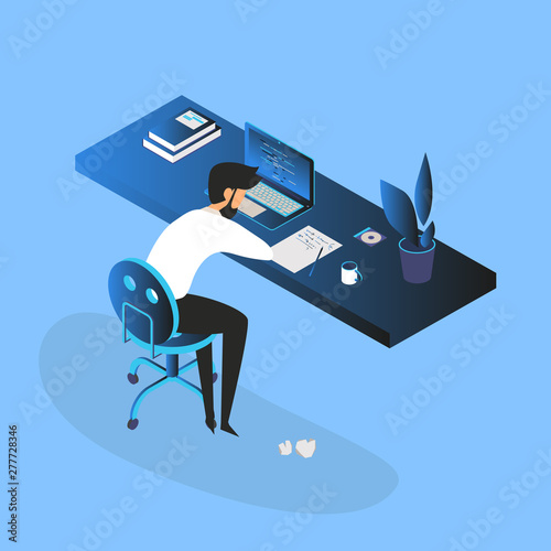 Burnout concept illustration with exhausted young man manager,  office worker sitting at the table. Frustrated worker, mental health problems. Vector illustration in flat style